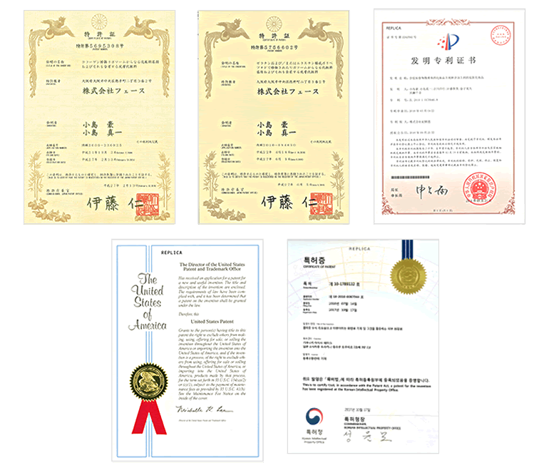 日本、アメリカ、EU、中国、韓国での特許取得とその特許証